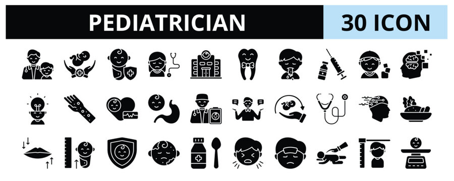 30 Pediatrician Glyph Icons Vector - Pediatric Clinic, Child Psychology, Childcare Doctor, Stethoscope, Encephalogram, Immunity, Child Food