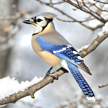 Blue jay perched on a snow-covered branch, full plumage detailed against a white winter backdrop.