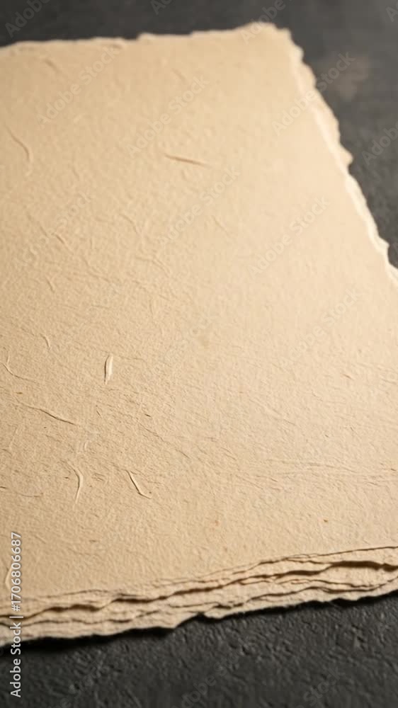 Poster stack of beige handmade paper with deckle edges on a dark gray textured surface in soft lighting