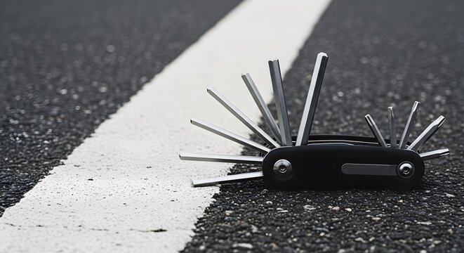 Cycling concept with multitool open to hex and torx shapes on asphalt, featuring white line texture. Captured with natural lighting and deep focus for ultrasharp textures and crisp edges.