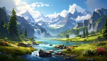 Fototapeta premium Mountain landscape with a serene lake and waterfall