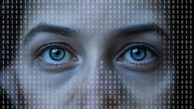 Intense blue eyes stare through digital binary code data stream