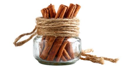 Cinnamon sticks in a glass jar on white background 