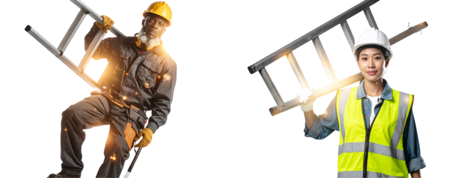  Surreal Worker in Safety Gear with Glowing Ladder