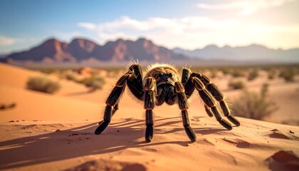 A large hairy arachnid rests on a sandy surface with distant mountain backdrop, under a bright blue sky