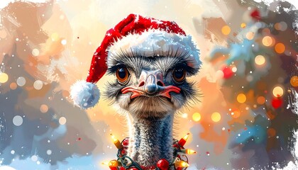 Ostrich in Santa hat, Christmas lights
