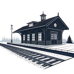 Obraz premium Vintage train station building with railroad tracks and snowy landscape