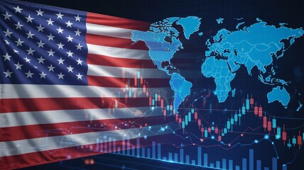 US flag overlays global finance charts and world map for economic insight