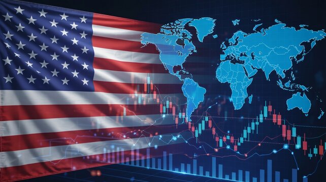 US flag overlays global finance charts and world map for economic insight