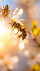 Honeybee on a spring blossom, bathed in sunlight
