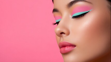 Fototapeta premium Pastel Grunge Makeup Style for Bold Aesthetic, Vibrant makeup look on a model against a pink background, showcasing bold colors and artistic application.