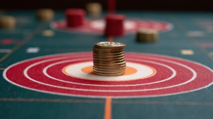 Stacked coins on a game board with concentric circles