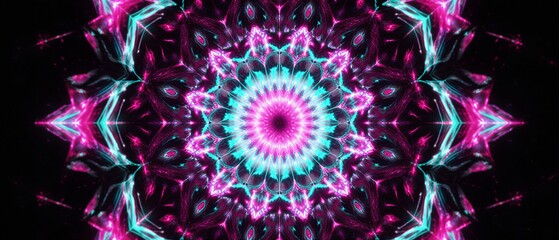 vibrant neon mandala radiating luminous energy against a dark and mystical background | spiritual, meditation, technology, design, psychedelic theme