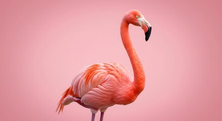 Fototapeta premium A vibrant pink flamingo stands out against a soft, pastel pink backdrop, showcasing its elegant form and striking color.