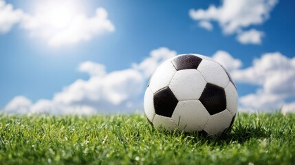 Fototapeta premium Soccer ball on grassy field under a vibrant blue sky