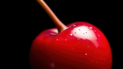 Obraz premium Macro shot of a ripe cherry with water droplets, vibrant red against a dark background, emphasizing freshness.