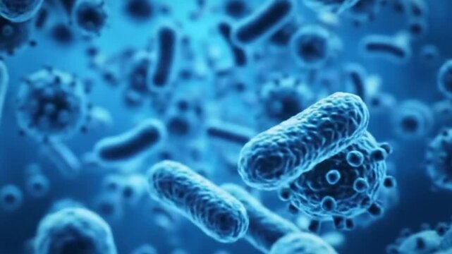 An ethereal dance of microscopic bacteria and menacing viruses within a blue tinted liquid environment with shallow - Powered by Adobe