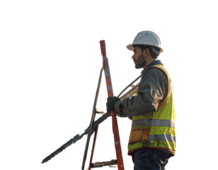 Construction Worker in Safety Gear Carrying Ladder Isolated on Transparent Background