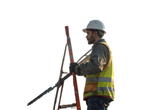 Construction Worker in Safety Gear Carrying Ladder Isolated on Transparent Background