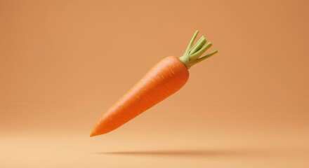 A single, vibrant orange carrot, set against a smooth, muted peach background, with a 3D rendering style that highlights its form.