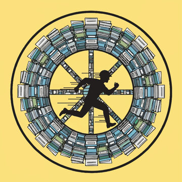 Silhouette of a running man inside a circular array of files.