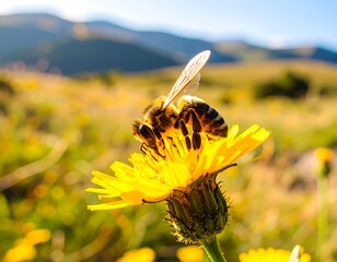 Honeybee on a yellow flower, mountain backdrop
