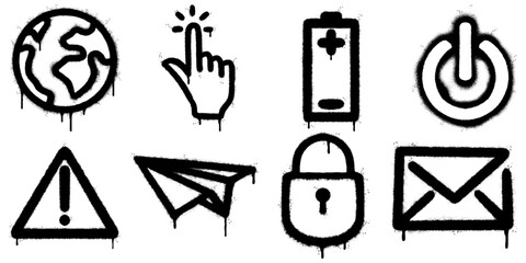 Street art graffiti icons set featuring globe, hand click, battery, power button, warning triangle, paper plane, lock, and envelope. Perfect for digital design, stickers, and urban style artwork.