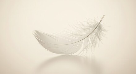 A delicate white feather gracefully floats against a soft, neutral backdrop, highlighting its ethereal beauty and light-catching texture.