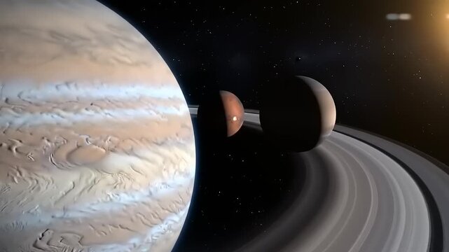 Epic interstellar journey: A majestic ringed gas giant planet with vibrant atmospheric bands and an orbiting red moon - Powered by Adobe