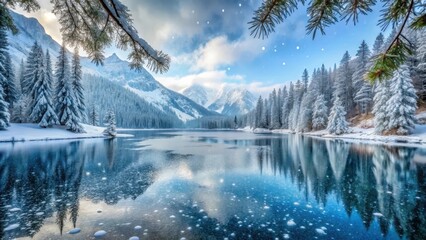 Serene Winter Landscape Snow-Covered Trees Mirrored in a Frigid Lake's Still Waters Under a Bright Sky