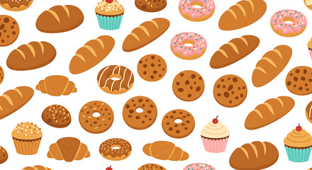 Delicious Bakery Goods Seamless Pattern White Background
