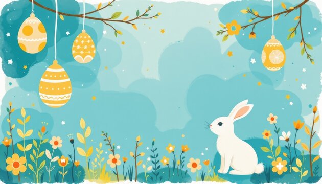 Charming white rabbit among colorful easter eggs in a playful garden whimsical art spring vibes childlike perspective