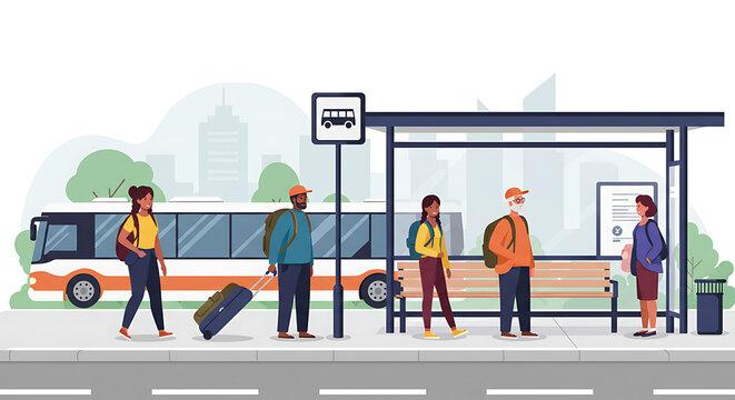 Diverse People Waiting at Bus Stop City Public Transportation - Powered by Adobe