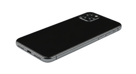 Sleek black smartphone displaying modern design and advanced camera system from a side angle transparent background