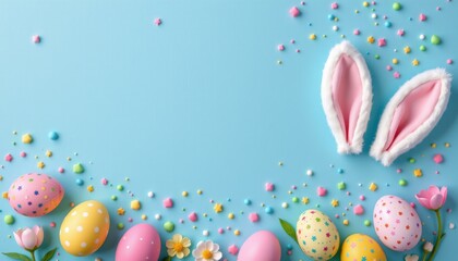 Festive easter egg hunt scene spring garden decorative elements cheerful atmosphere bright colors joyful celebration