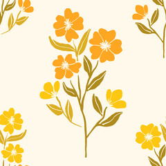 Seamless pattern with yellow flowers and green leaves on cream background