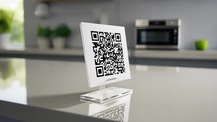 QR code displayed on a stand in a modern kitchen setting, ready to scan. - Powered by Adobe