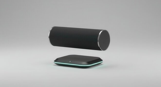 Modern black sound system components showcased in a sleek, levitating design.