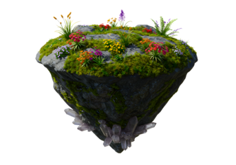 Floating fantasy island with colorful wildflowers and glowing crystals creating a magical garden scene