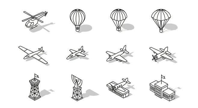 Isometric illustrations of aircraft, helicopters, and structures on a white background for design and print