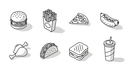 Vector illustration set of popular fast food items in a clean black and white isometric line art style for menus and design