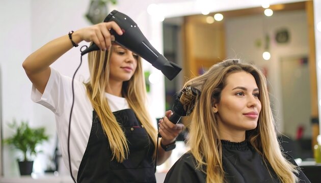 A hairstylist expertly uses a dryer on a client in a salon, creating a stylish look. The client sits patiently as her hair is styled