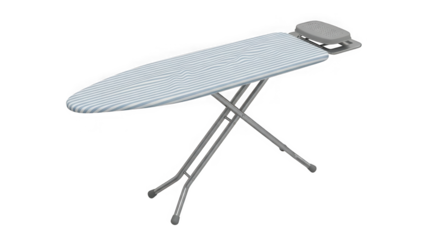 A white ironing board standing upright with folded legs on a plain surface ready for laundry tasks and garment care transparent background