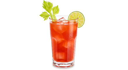 Ultra-realistic Canadian Caesar cocktail, tall glass filled with red drink, celery stalk garnish, lime wedge, ice cubes, condensation visible on glass, front angle, isolated on pure white background.