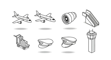 A collection of black and white isometric icons representing aviation and airport elements like airplanes, control tower, and pilot hats