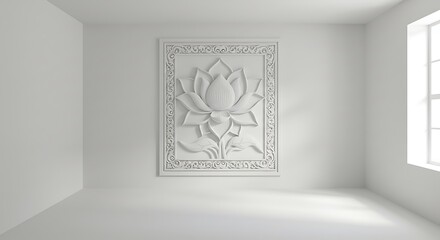 Empty square room with carved flower on the wall, Bas-relief lotus wall decoration.