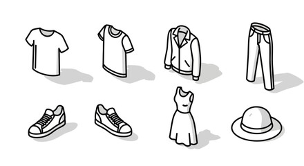 A set of eight black and white isometric fashion icons showing various clothing items like t-shirts, jacket, jeans, dress, and shoes