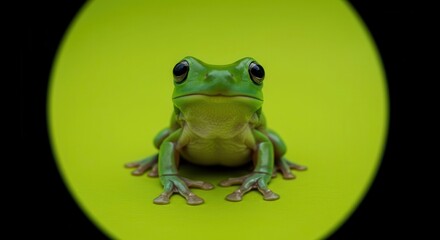 Obraz premium A vibrant green tree frog is centered against a bright lime-green backdrop, showcasing its details in a close-up portrait.