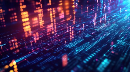 Abstract futuristic background with blue and orange glowing particles digital data stream, matrix artificial intelligence, big data, hitech concept visualization