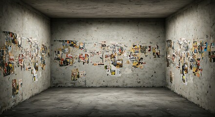 Empty square room with Messy grungy scratched up street poster textures on wall